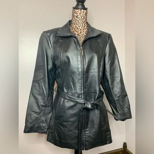 Worthington Womens Black Leather Zip Front Belted Lined Retro Y2K Vibes Jacket-L